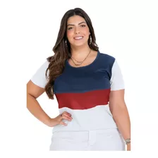 Blusa Feminina Plus Size Manga Curta Rosa Tricolor