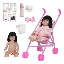 Bebe Reborn Recém Nascida Menina Morena + Carrinho Infantil