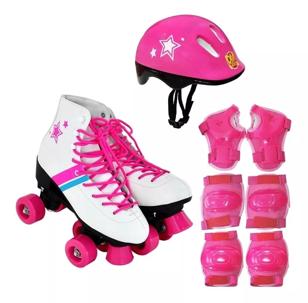 Patins Infantil Feminino Menina Rosa Quad Roller C/ Proteção