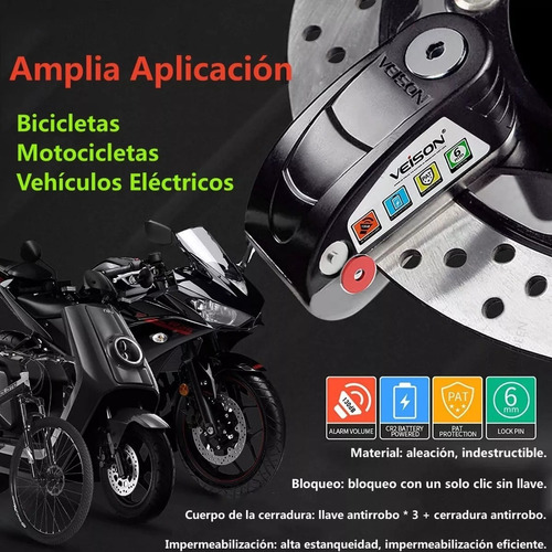 Alarma Moto Bloqueo Freno Disco Candado Recargable Ip65 Foto 3