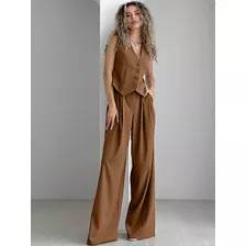 Conjunto Feminino Calça Pantalona E Colete De Listrado