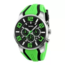 Relógio De Pulso Skmei 9128 Com Corpo Prateado, Analógico, Para Masculino, Fundo Preto, Com Correia De Silicone Cor Verde E Preto, Agulhas Cor Cinza E Verde E Branco, Subdials De Cor Verde E Cinza, 