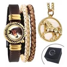 Kit 2 Pulseiras Couro Feminina+colar Cavalo Country Dourado 