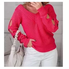 Blusa De Tricot Feminina Manga Longa Detalhes Corrente Frio