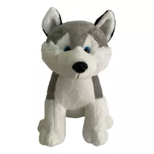 Cachorro Husky De Pelúcia Sentado Olhos Azuis 30cm