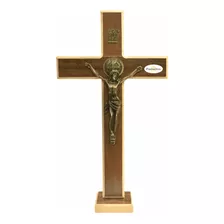 Crucifixo De Mesa Parede Madeira Metal Cruz São Bento 35cm