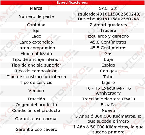 2) Amortiguadores Gas Traseros Sachs S80 L6 2.8l 1999-2003 Foto 2