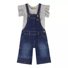 Jardineira Infantil Jeans Pantacourt Com Blusa Coloritta