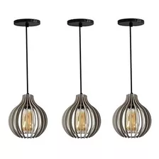 3 Pendentes Madeira Bella Nordic Retro Loft Arandela