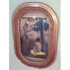 Quadro Antigo Vidro Bombê Bolha Moldura Madeira Dourada Top 