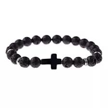 Pulsera De Cuentas Con Cruz De Piedra Natural Negra J84