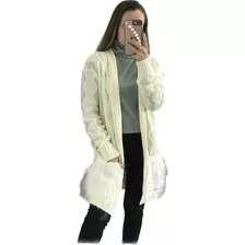 Kimono Cardigan Tricot Trançado Alongado Bolso Pelo Pelinho