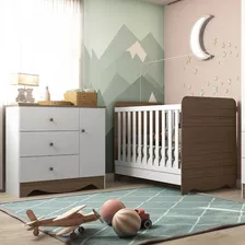 Kit Quarto Infantil Bebê Berço Cama Cômoda Branco Marrom