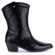 Bota Feminina Texana Bordada Salto Bloco Bico Fino Moda