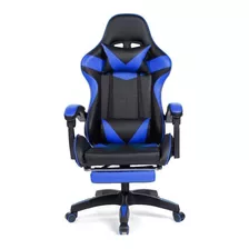 Cadeira De Escritório Prizi Jx-1039 Gamer Ergonômica Preto E Azul Com Estofado De Couro Sintético