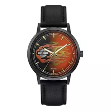 Mens Metallic Flames Black Leather Strap Watch 78a123 By