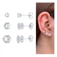 Trio De Brincos De Zircônia 5mm, 4mm E 3mm Banhado Em Prata