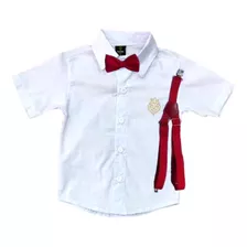 Camisa Social Branca Com Suspensório Natal Festa Gravatinha