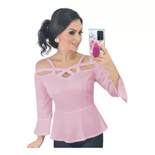 Blusa Feminina Manga 3/4 Flare Ombro Vazado Social Top Festa