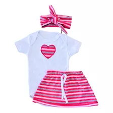 Conjunto Bebe Menina Com Saia Fresquinho Body E Faixinha 