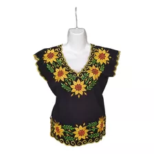 Blusa Yucateca Bordada Lino Modelo Girasol Talla 42