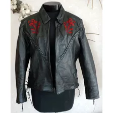 Chaqueta De Cuero Motoquera Con Rosas Rojas Mujer L