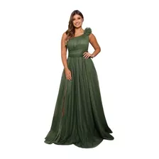 Vestido Madrinha Casamento Um Ombro Só Brilho Pompom Luxo Cl