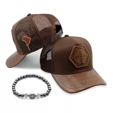 Boné Cruz São Bento Trucker Aba Curva Couro + Pulseira Pedra