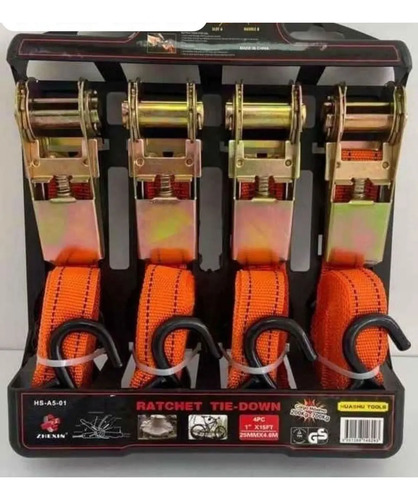 Set Kit Juego Eslinga Cinta Amarre Ratchet 4 Piezas Linga 25mm 4 Mts Color Naranjo 600 Kg Naranja Claro