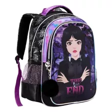 Mochila Denlex Meninas Costa Escolar Grande Chaveiro Pompom Wandinha Addams