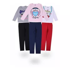 3 Conjuntos Infantis Blusas De Frio E Calças Legging Cotton