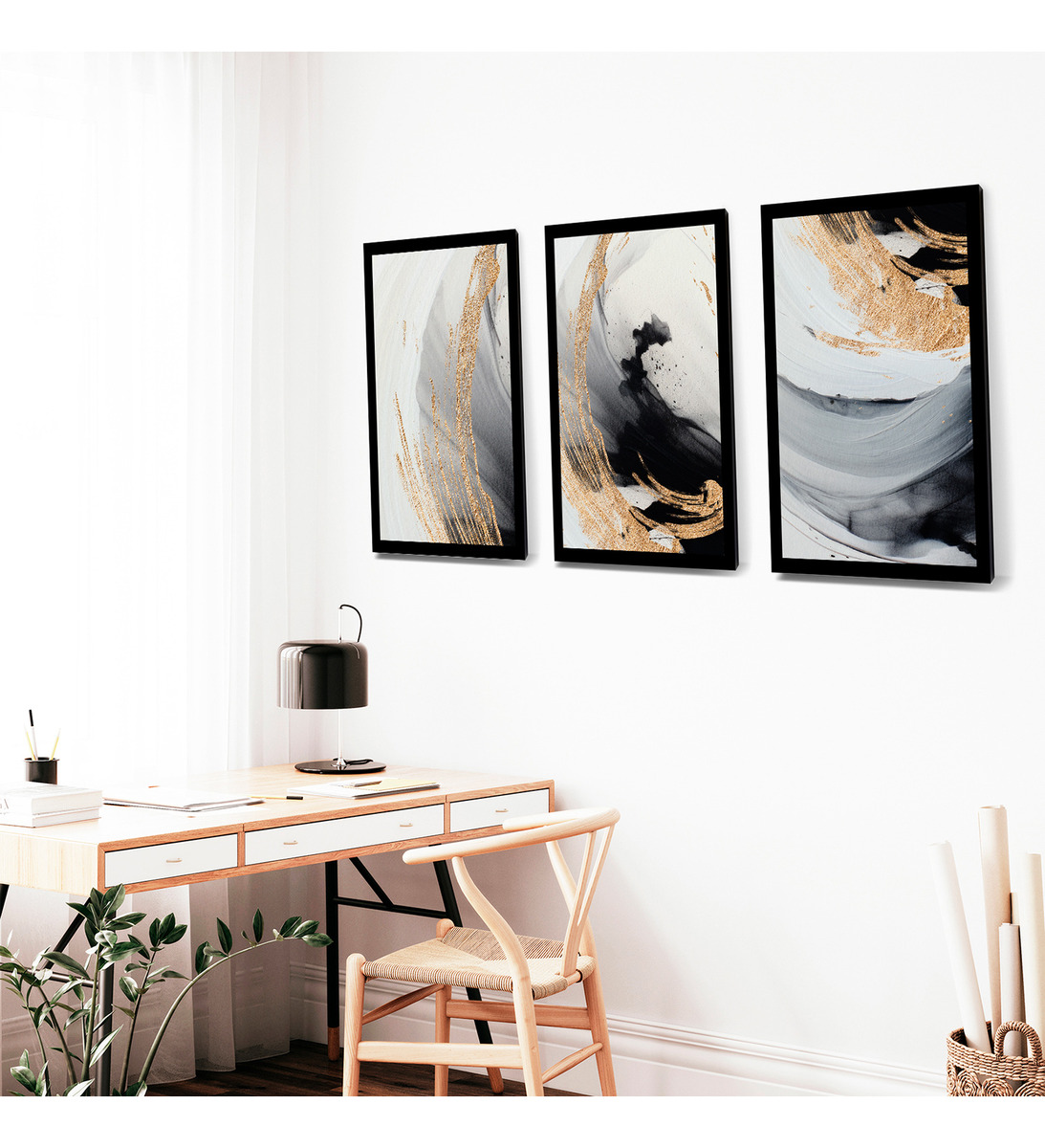 3 Cuadros Abstracto Dorado Negro Moderno 30x20 Marco Impreso Negro