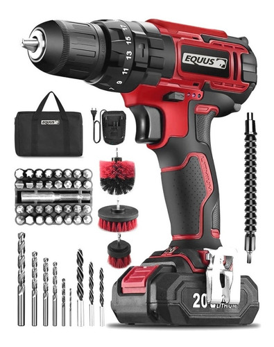 Taladro Percutor Atornillador Inalámbrico De 10mm Equus 13811st 20v + 1 Batería De 2000mah + Accesorio Con Bolso 220v