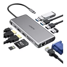 Aukey Hub 12 En 1 - Usb C - 2 X Hdmi - Vga - Usb - Rj45