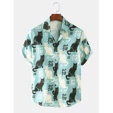 Camisa Con Figuras De Gatos Para Hombre Guayabera Hawaiana