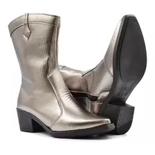 Bota Coturno Feminino Western Preta Metalizada Country Couro