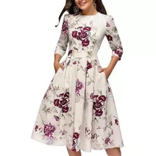 Elegante Vestido Floral Con Cuello Redondo