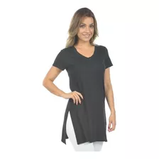 Blusa Longa Feminina Malha Fria Gola Redonda Longline