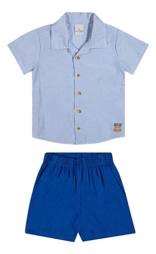 Conjunto Infantil Menino Camisa Listrada E Bermuda Elástico Azul 2