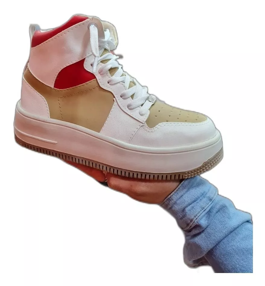 Zapatilla Sneakers Mujer Botita Jorda Plataforma Beige/rojo