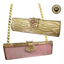 Cartera Para Fiesta De Gala Metálica Dorado Con Brillantes 