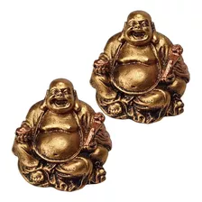 Kit 2 Buda Chines Sorridente Fortuna Riqueza Zen Dourado 5cm