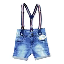 Bermuda Jeans + Suspensório - Bebê, Infantil E Juvenil