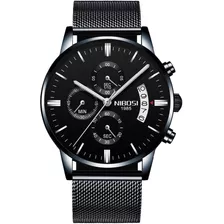 Relógio Masculino Nibosi 2309 Preto Pulseira Malha De Aço