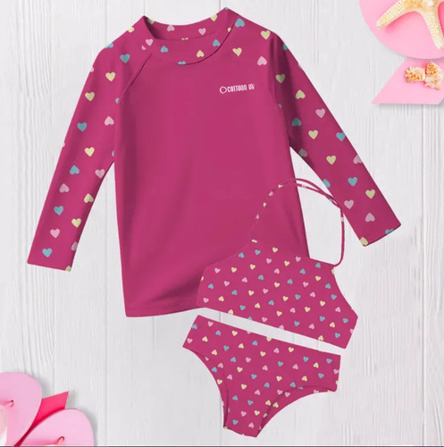 Kit 3 Peças Camisa+biquini Infantil Proteção Uv50+moda Praia Cor Multicolorido Tamanho 8 Multicolor Corações