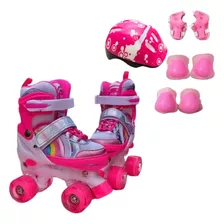 Patins Rosa Regulável Com Led Nas Rodas Com Kit Segurança