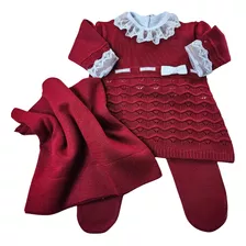 Saida Maternidade Vestido Trico Linha Menina 4pçs Laço Verm