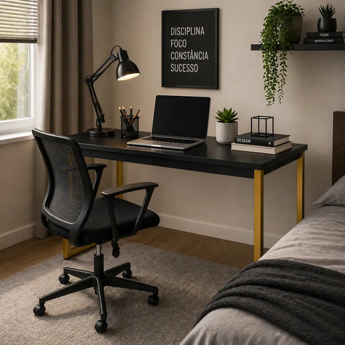 Escrivaninha Para Notebook Mesa Computador Bancada Multiuso Escritório Home Office Em Estilo Minimalista Industrial Com Pés Em Aço Cantinho Estudo Quarto Roma 0,90cm - Móveis Xpress Preto Com Dourado