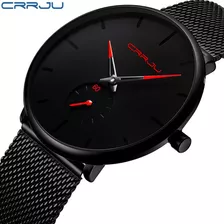 Relógio Masculino Impermeável Crrju Quartz Chronograph Cor Do Fundo Preto/vermelho