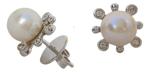 Brinco De Ouro Branco 18k 750 Com Pérola E Diamantes Amarelo